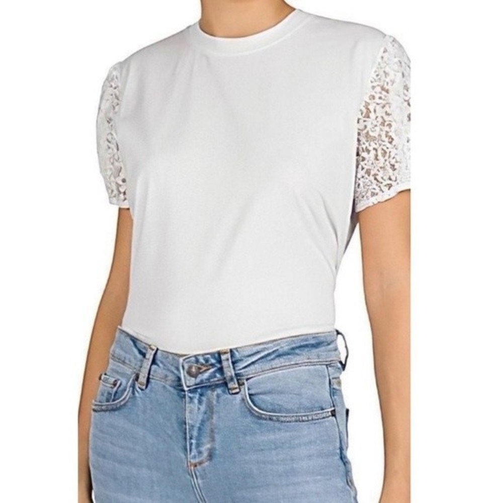The Kooples Lace-Sleeve T-Shirt White Shirt Sleeve Crewneck Tee M Puff Sleeve